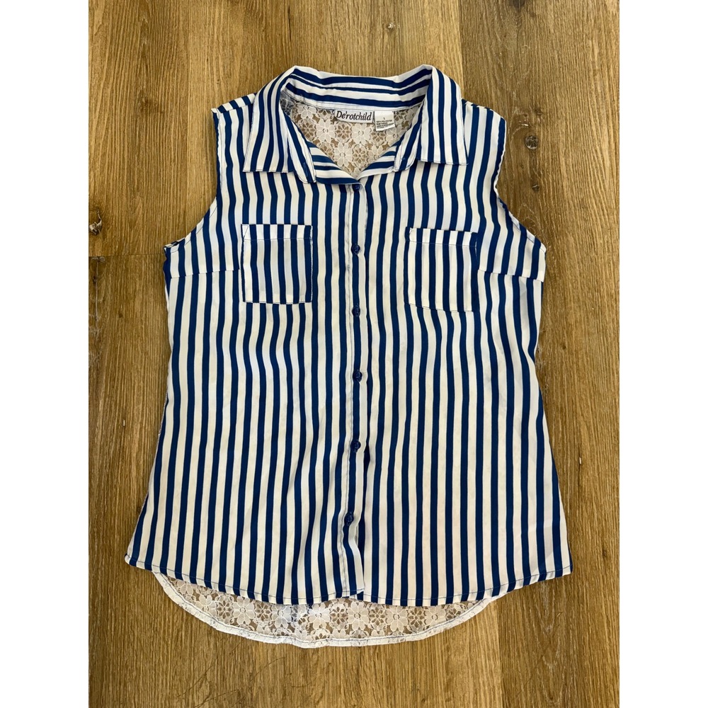 Striped Lace Back Sleeveless Top Womens L‎ Blue White Nautical Preppy Coastal